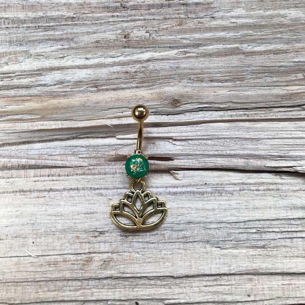 Green Opal Gold Lotus Belly Button Ring